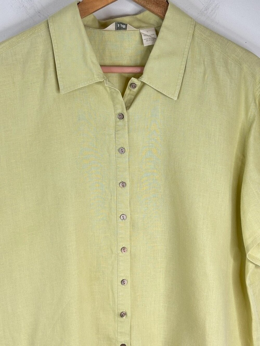 J Jill 100% Linen Camp Shirt L Boxy Citrine Green Lightweight Minimalist Beach - Picture 2 of 6